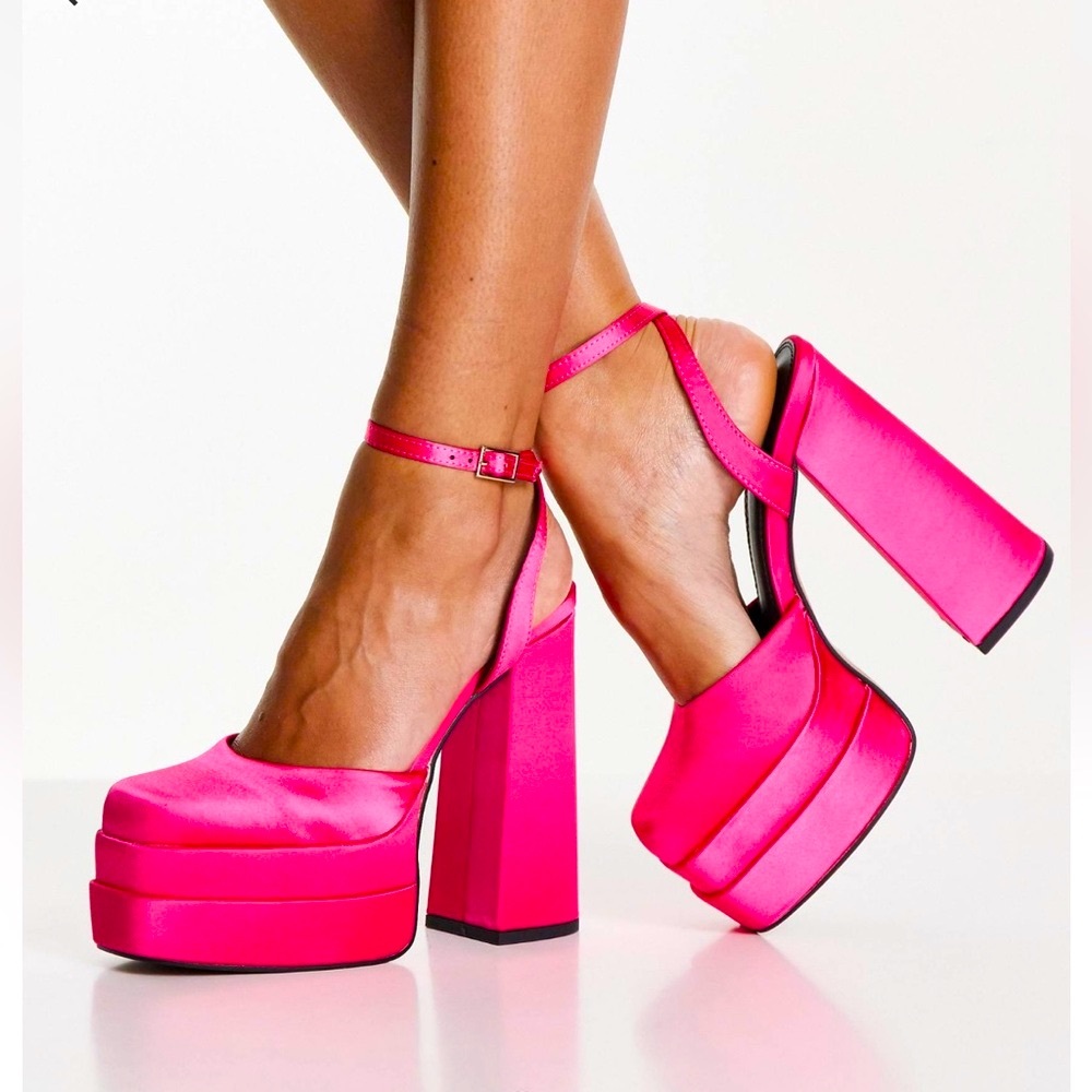 ASOS DESIGN Pluto Chunky Platform Ankle Strap Heels Sandals Sz 7 Magenta HotPink